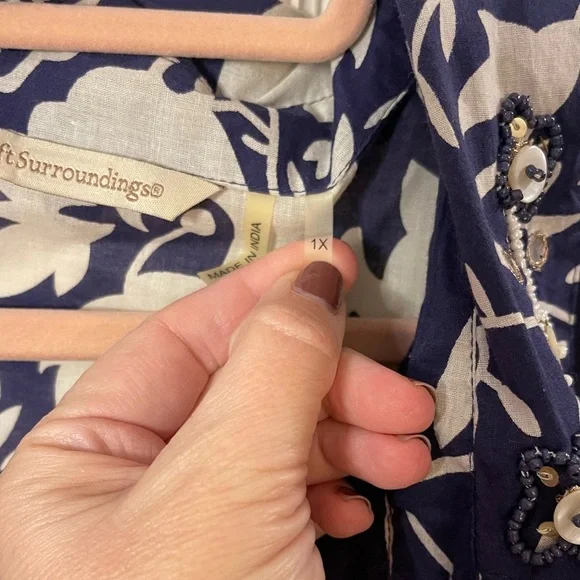 Soft Surroundings beaded tunic cotton blue white leaf print embellished 1X - Picture 8 of 12
